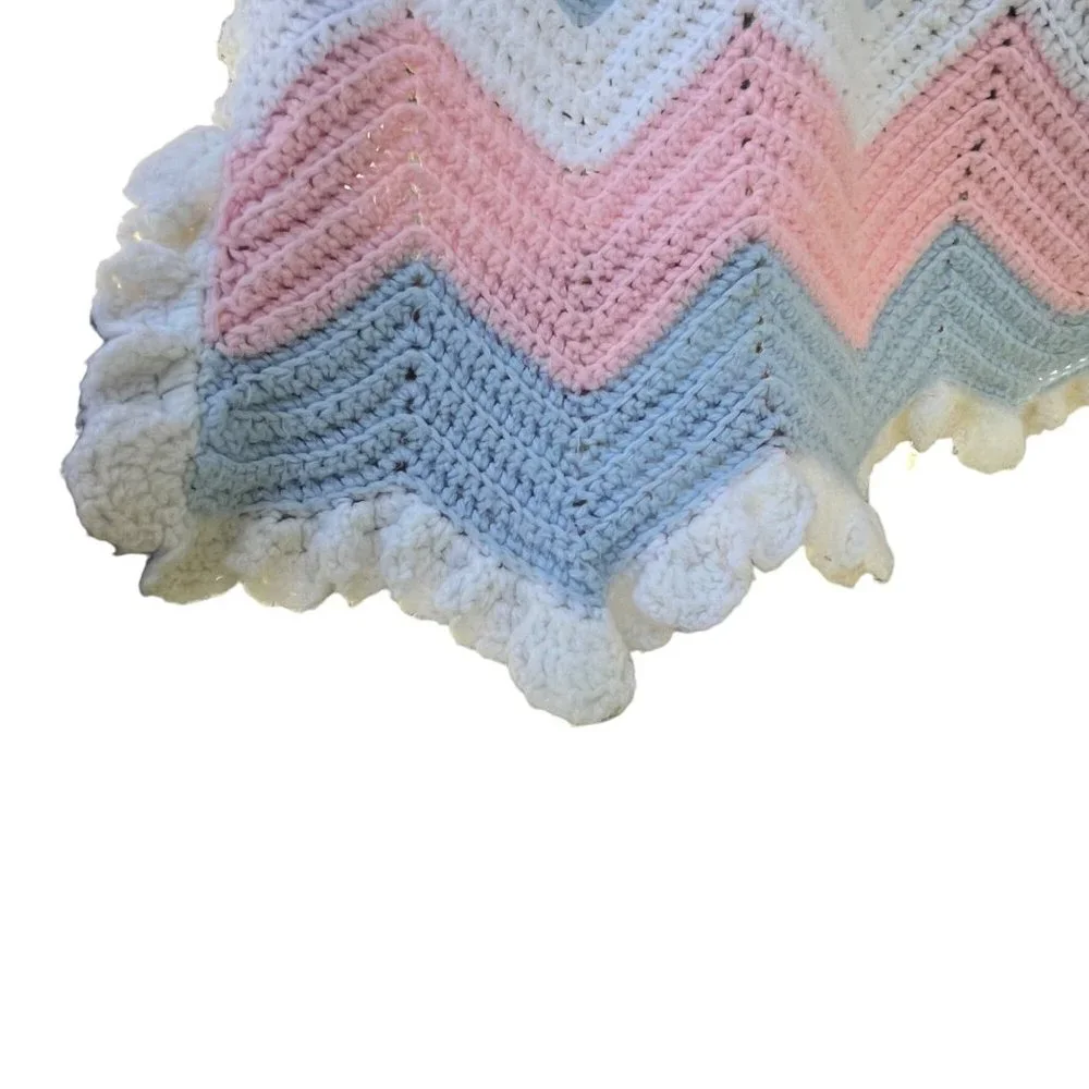 Hand Crochet Chevron Pink Blue White Baby Blanket with‎ Scalloped Edge 52